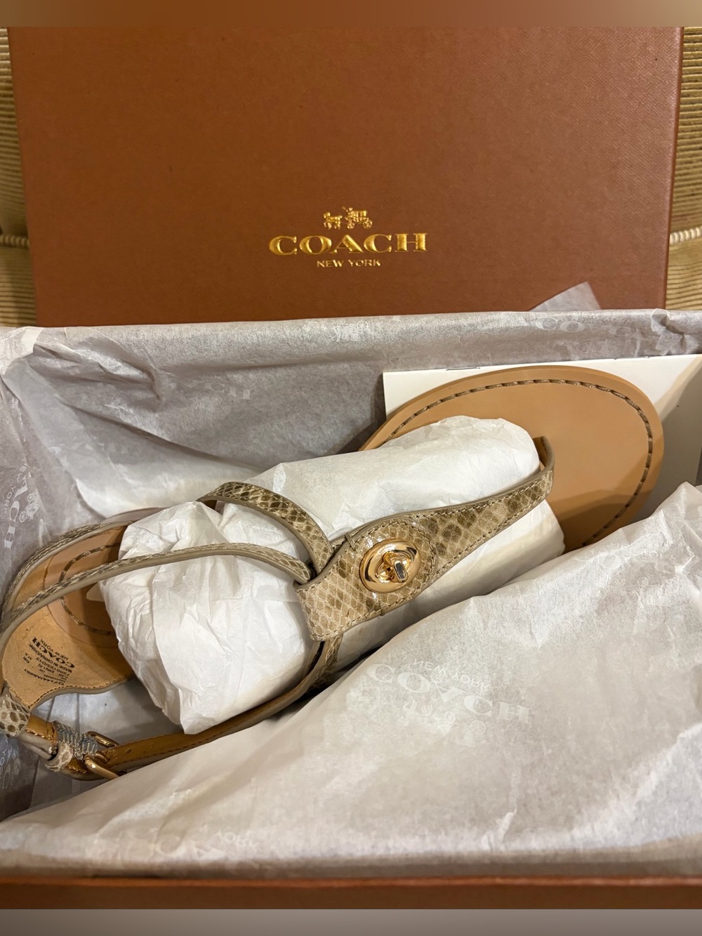 NWT COACH Ingrid Leather Natural Snake Print Thong Wedge Sandals - Size 8